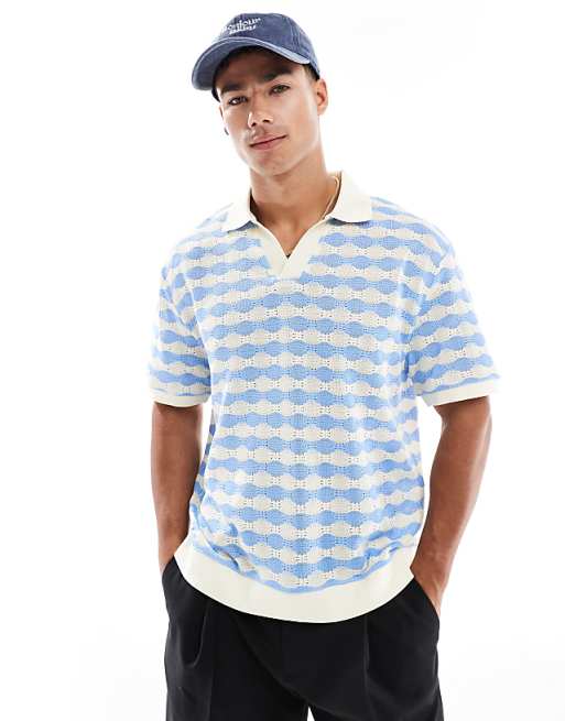 ASOS DESIGN boxy relaxed heavyweight polo in blue and white textured stripe
