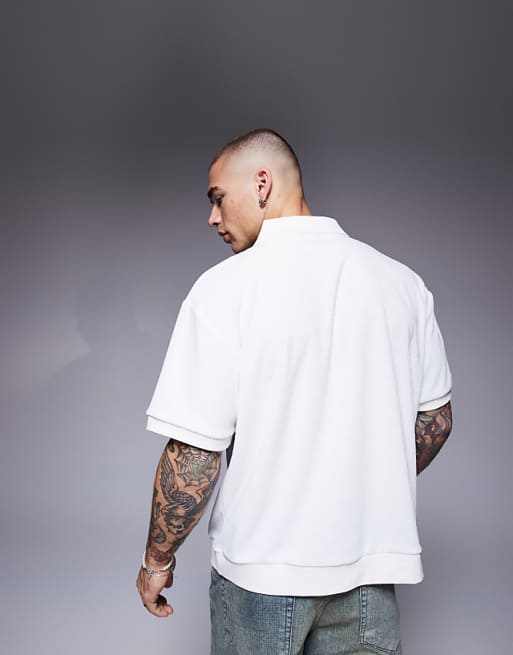 ASOS DESIGN Boxy Relaxed Polo In Off White Textured Rib