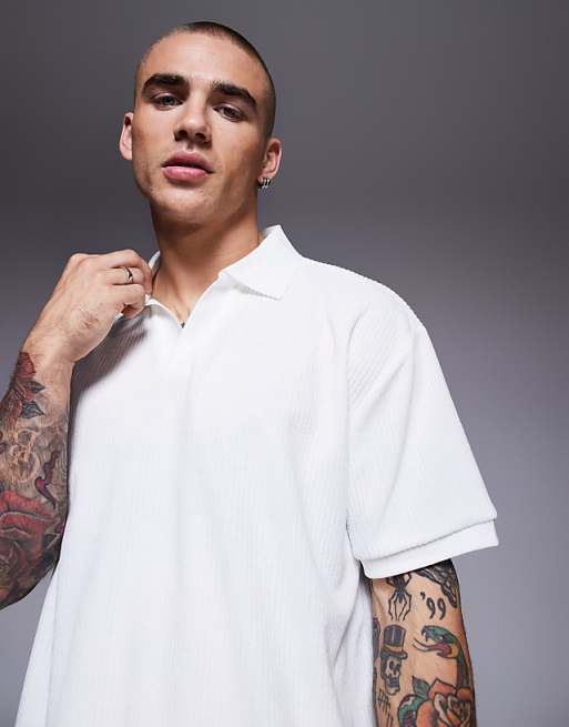 ASOS DESIGN Boxy Relaxed Polo In Off White Textured Rib