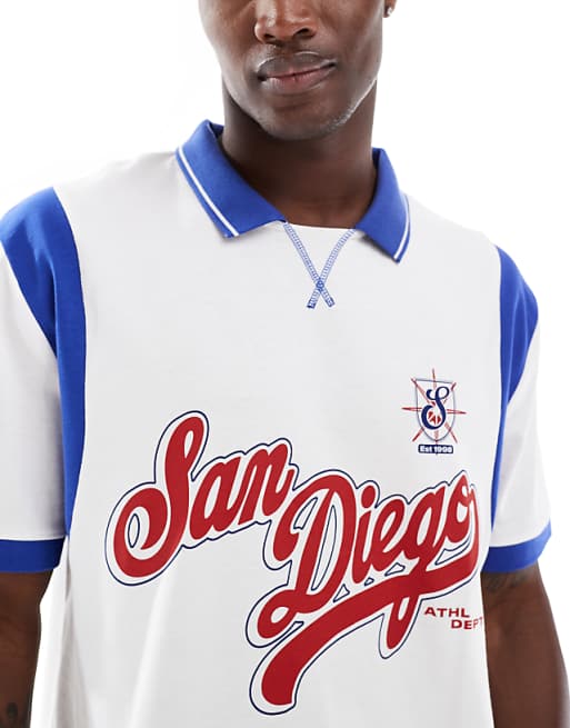 ASOS DESIGN Boxy Relaxed Polo With City Graphic And Panelling In White And Blue