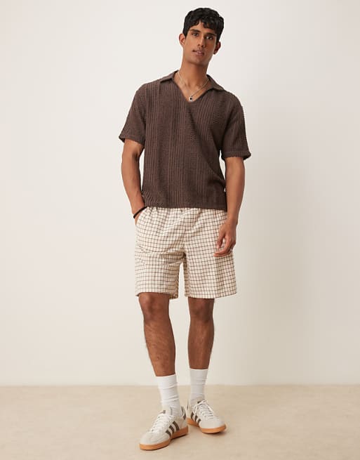 ASOS DESIGN Boxy Relaxed Polo With Open Collar In Brown Texture