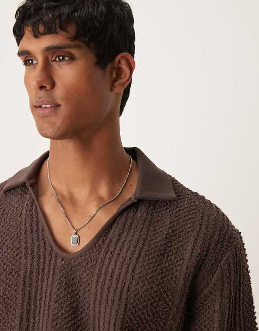 ASOS DESIGN Boxy Relaxed Polo With Open Collar In Brown Texture
