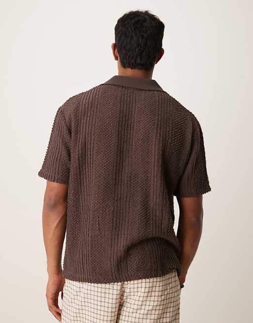 ASOS DESIGN Boxy Relaxed Polo With Open Collar In Brown Texture