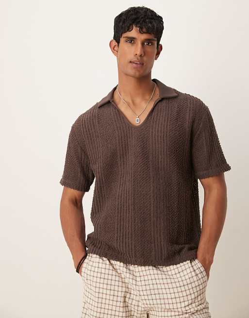 ASOS DESIGN boxy relaxed polo with open collar in brown texture