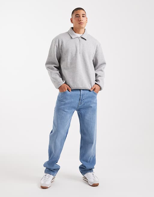 ASOS DESIGN Boxy Relaxed Quarter Zip Rugby Sweatshirt In Grey