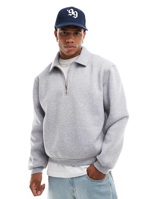 ASOS DESIGN Boxy Relaxed Quarter Zip Rugby Sweatshirt In Grey