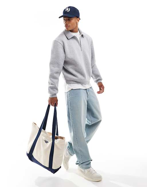 ASOS DESIGN boxy relaxed quarter zip rugby sweatshirt in grey