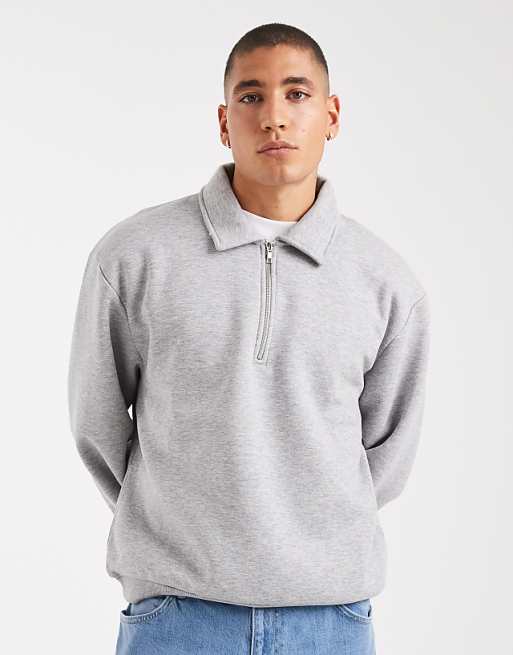 ASOS DESIGN boxy relaxed quarter zip rugby sweatshirt in grey