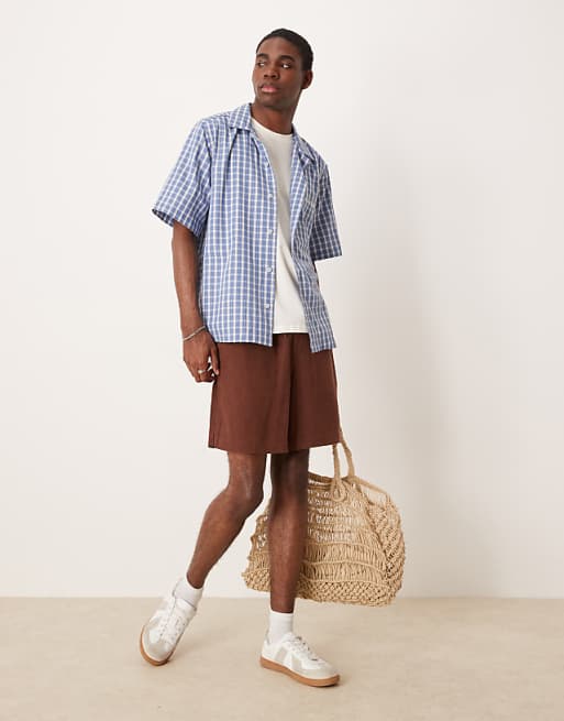 ASOS DESIGN Boxy Relaxed Revere Shirt With Chest Embroidery In Blue