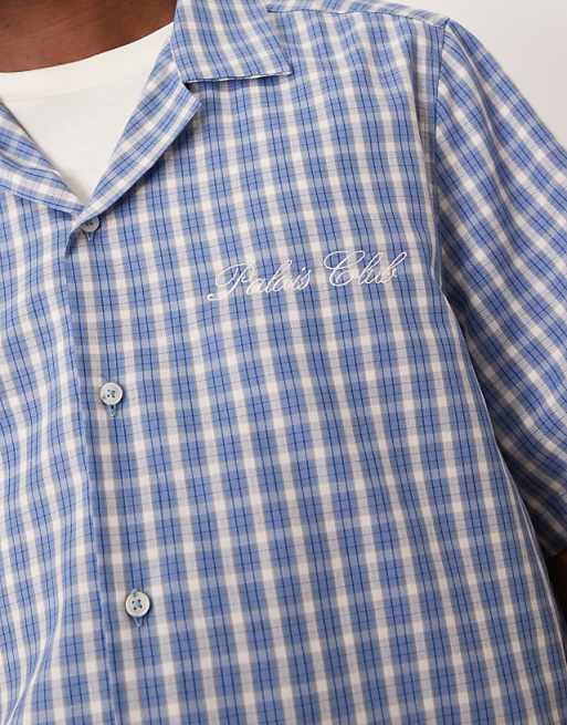 ASOS DESIGN Boxy Relaxed Revere Shirt With Chest Embroidery In Blue
