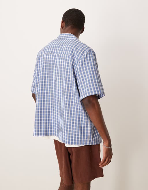 ASOS DESIGN Boxy Relaxed Revere Shirt With Chest Embroidery In Blue