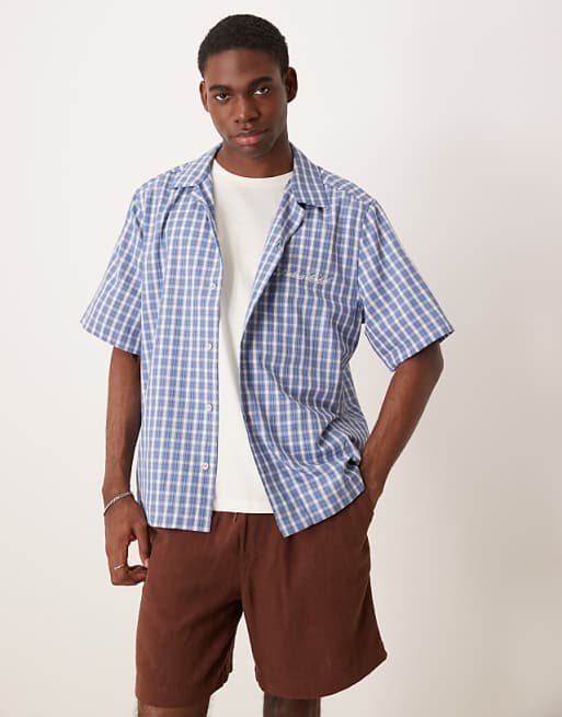 ASOS DESIGN boxy relaxed revere shirt with chest embroidery in blue