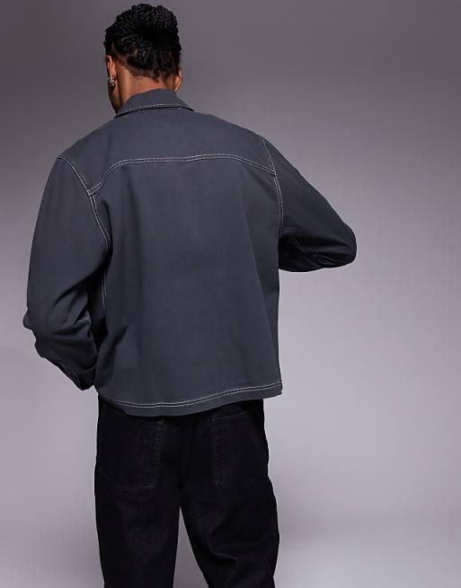 ASOS DESIGN Boxy Relaxed Shirt With Chest Embroidery In Grey