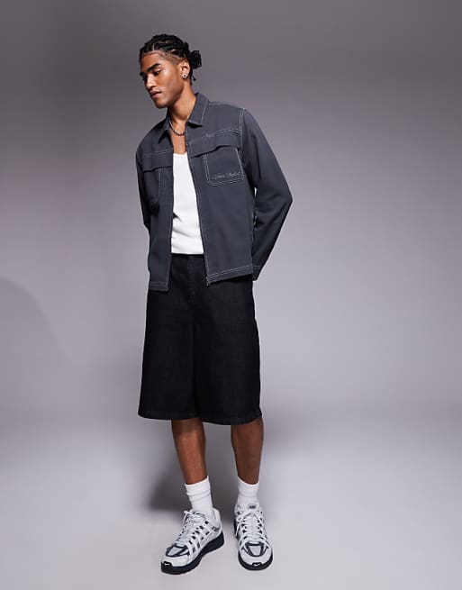 ASOS DESIGN Boxy Relaxed Shirt With Chest Embroidery In Grey