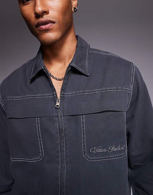 ASOS DESIGN Boxy Relaxed Shirt With Chest Embroidery In Grey