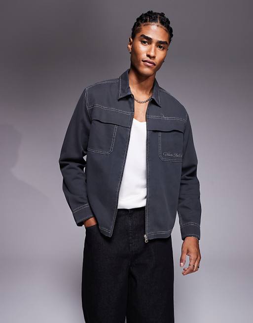 ASOS DESIGN boxy relaxed shirt with chest embroidery in grey