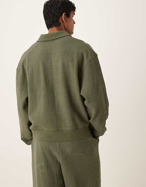 ASOS DESIGN Boxy Relaxed Smart Linen Look Polo Sweatshirt In Khaki
