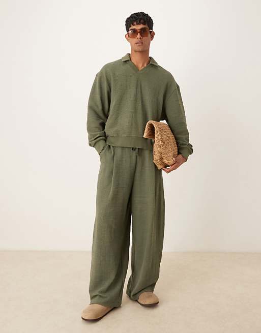 ASOS DESIGN boxy relaxed smart linen look polo sweatshirt in khaki