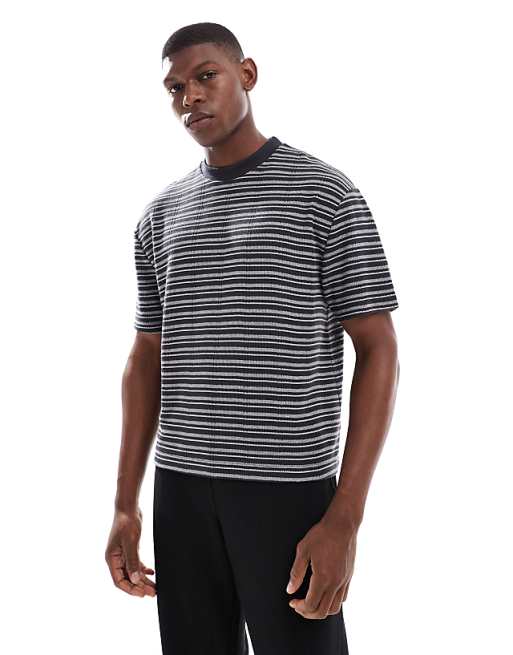 ASOS DESIGN boxy relaxed striped t-shirt in black and grey