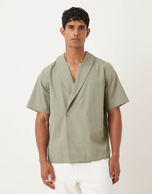 ASOS DESIGN boxy relaxed wrap shirt in khaki