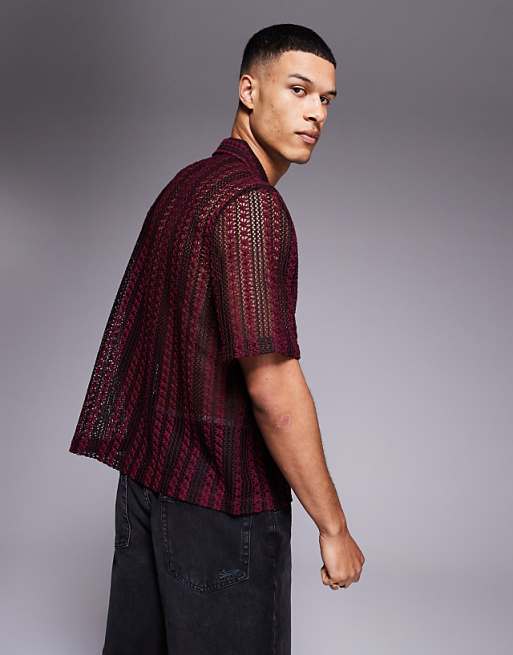 ASOS DESIGN Boxy Revere Crochet Shirt In Burgundy And Black Stripe