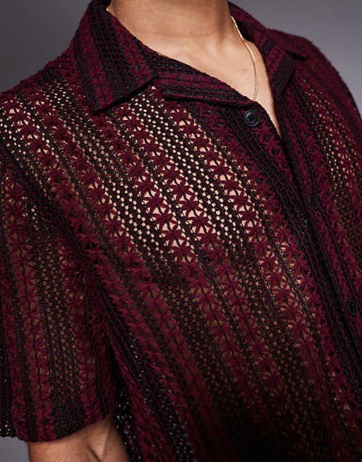 ASOS DESIGN Boxy Revere Crochet Shirt In Burgundy And Black Stripe
