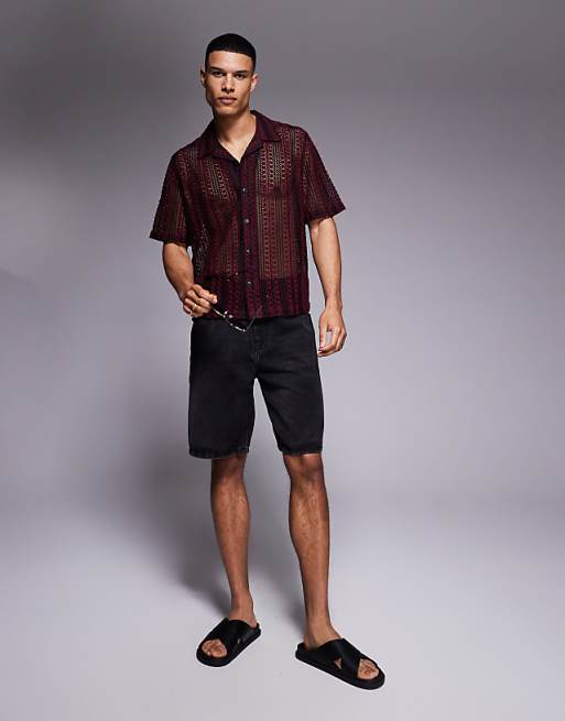 ASOS DESIGN Boxy Revere Crochet Shirt In Burgundy And Black Stripe