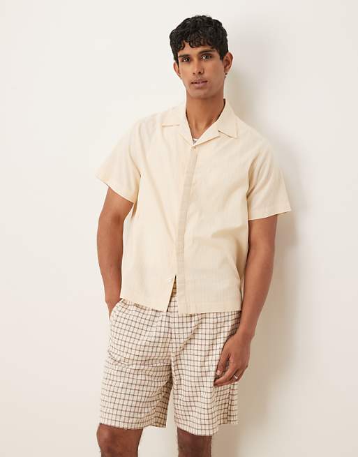 ASOS DESIGN Boxy Revere Shirt In Jacquard In Stone