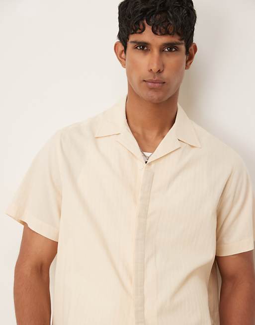 ASOS DESIGN boxy revere shirt in jacquard in stone