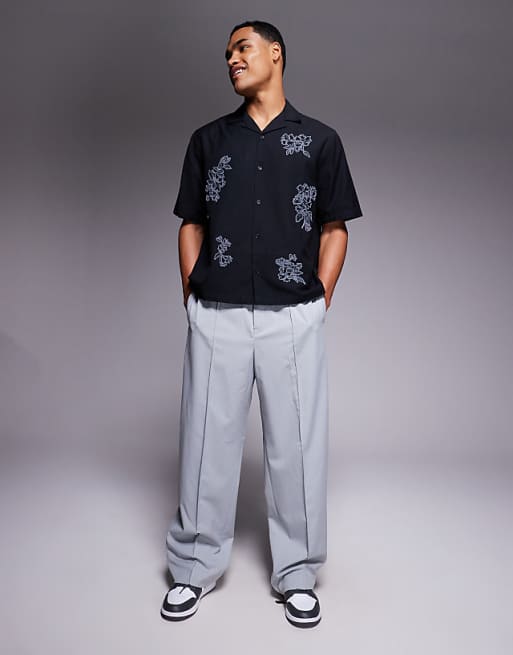 ASOS DESIGN Boxy Revere Shirt With Floral Embroidery In Black