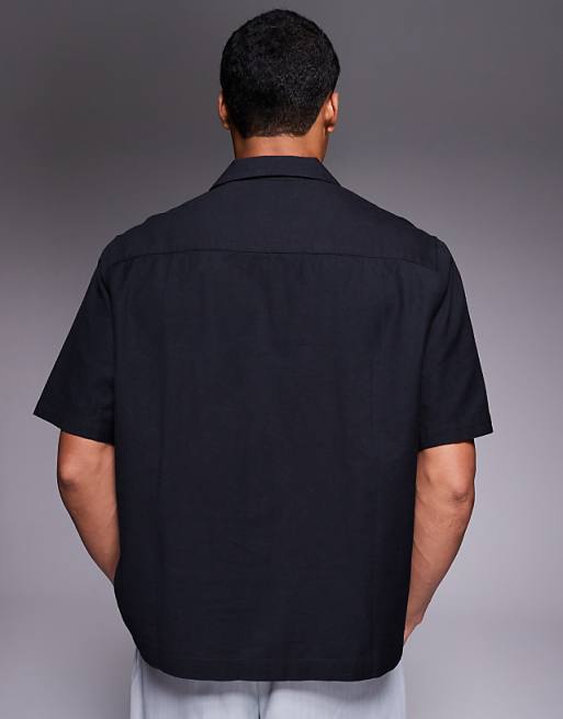 ASOS DESIGN Boxy Revere Shirt With Floral Embroidery In Black