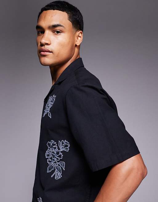 ASOS DESIGN Boxy Revere Shirt With Floral Embroidery In Black