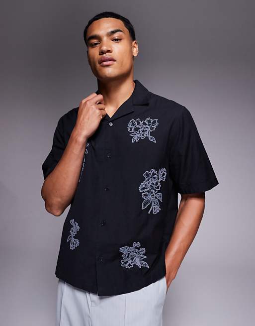 ASOS DESIGN boxy revere shirt with floral embroidery in black