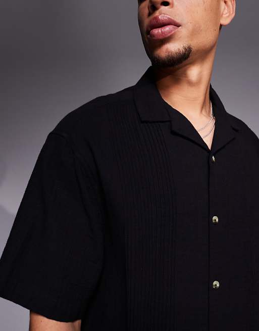 ASOS DESIGN Boxy Revere Shirt With Pin Tuck Detailing In Black