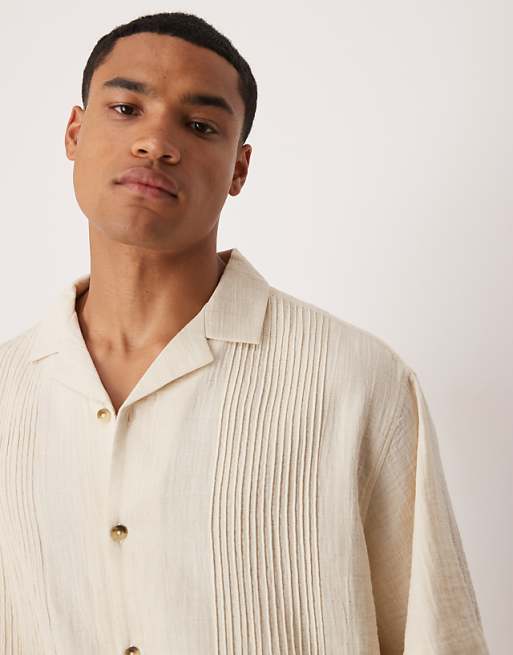 ASOS DESIGN Boxy Revere Shirt With Pin Tuck Detailing In Stone