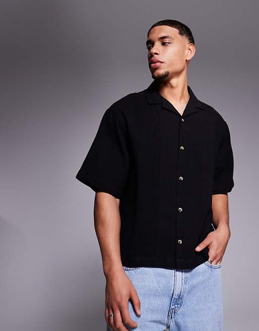 ASOS DESIGN boxy revere shirt with pin tuck detailing in black