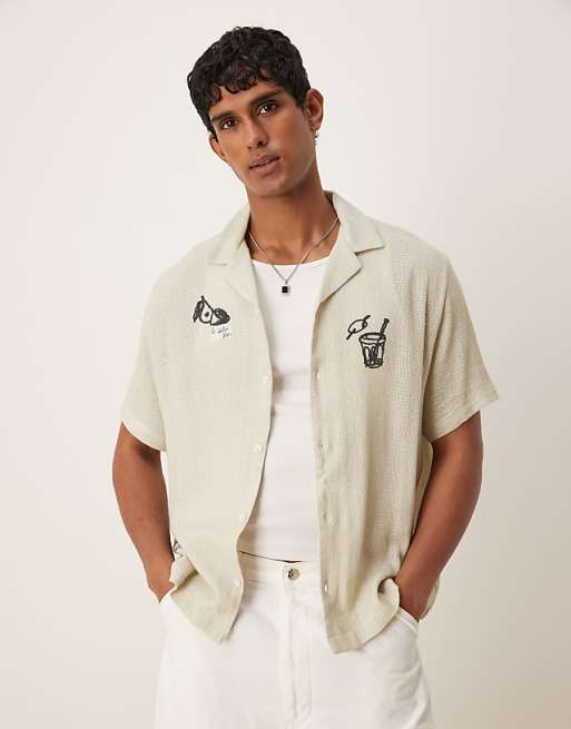 ASOS DESIGN boxy revere shirt with print in stone