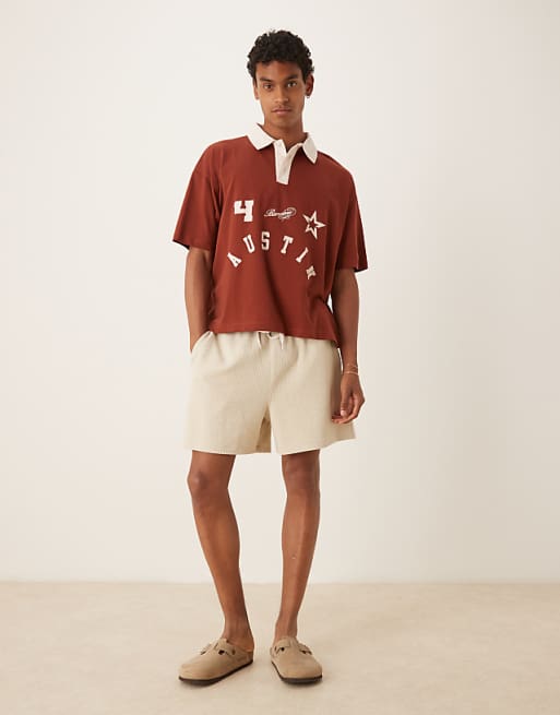 ASOS DESIGN Boxy Short Sleeve Polo With With City Print In Brown