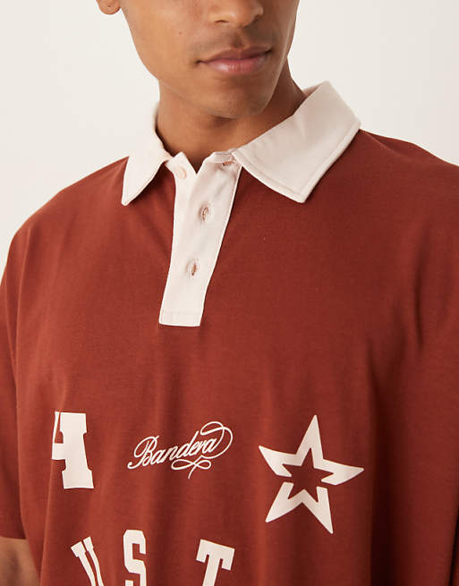ASOS DESIGN Boxy Short Sleeve Polo With With City Print In Brown