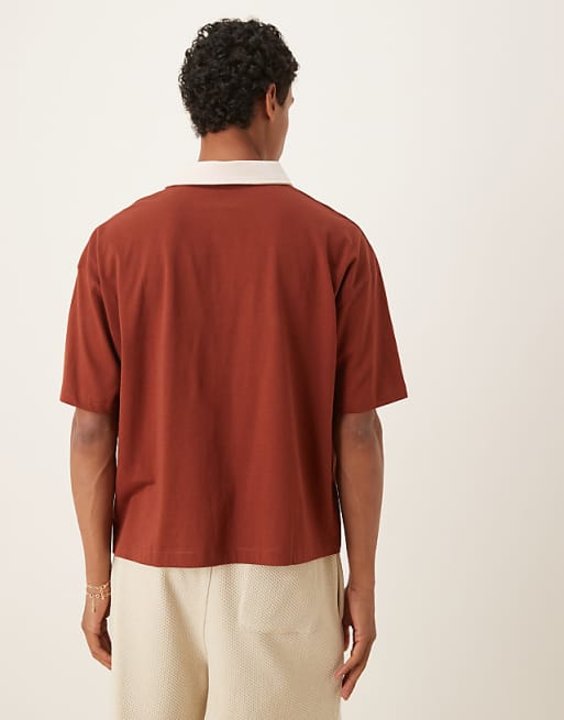 ASOS DESIGN Boxy Short Sleeve Polo With With City Print In Brown