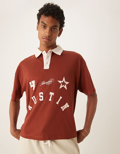 ASOS DESIGN boxy short sleeve polo with with city print in brown