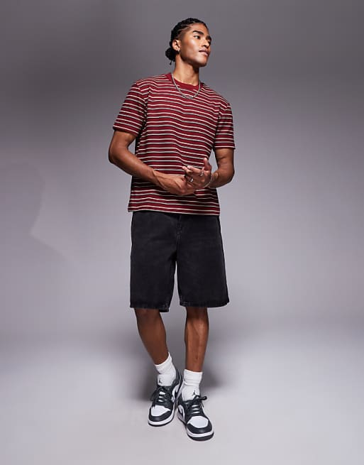 ASOS DESIGN Boxy T-shirt In Textured Burgundy Stripe