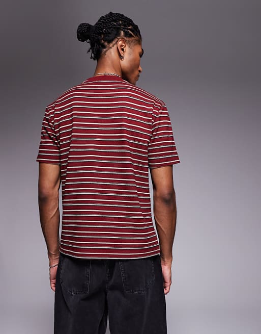 ASOS DESIGN Boxy T-shirt In Textured Burgundy Stripe