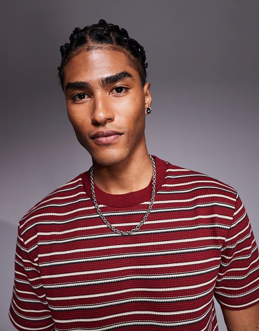 ASOS DESIGN Boxy T-shirt In Textured Burgundy Stripe