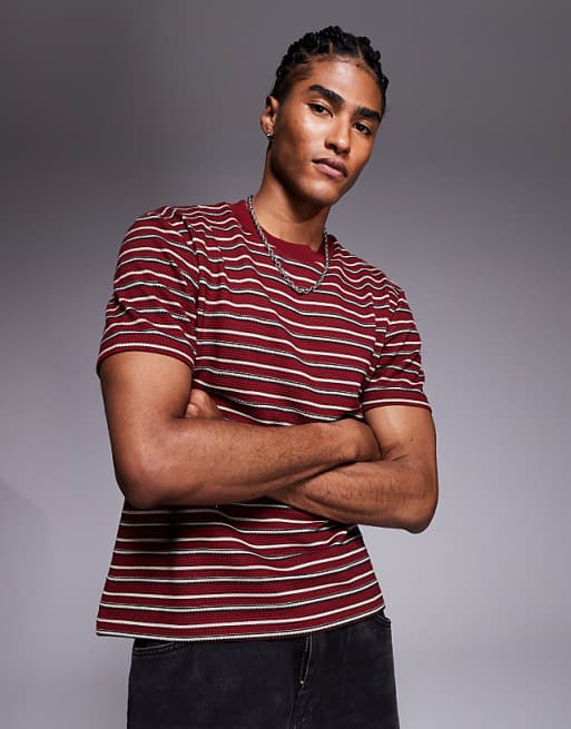 ASOS DESIGN boxy t-shirt in textured burgundy stripe