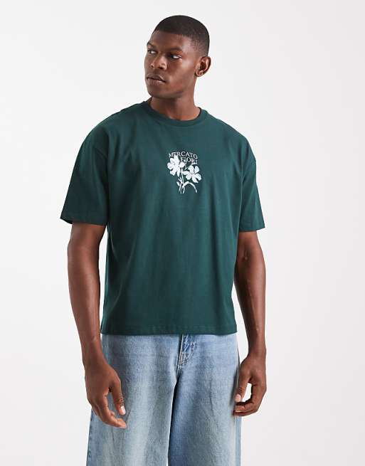 ASOS DESIGN Boxy T-shirt With Floral Print In Dark Green