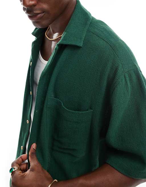 ASOS DESIGN Boxy Textured Revere Regular Shirt In Green