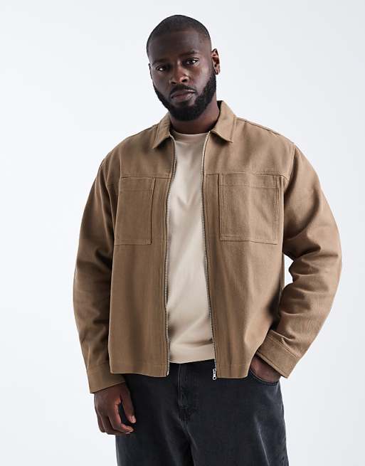 ASOS DESIGN Boxy Twill Overshirt With Zip In Brown