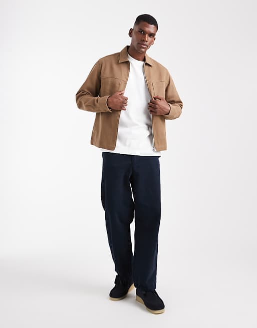 ASOS DESIGN Boxy Twill Overshirt With Zip In Brown