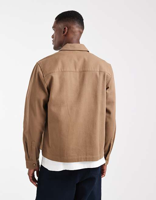 ASOS DESIGN Boxy Twill Overshirt With Zip In Brown